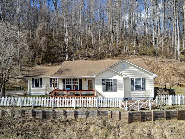 ranch-style house featuring crawl space, a fenced front yard, and a shingled roof