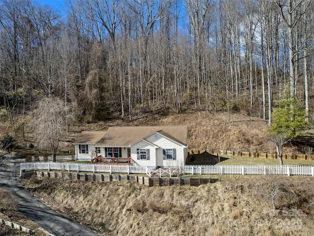 single story home with a deck and a fenced front yard