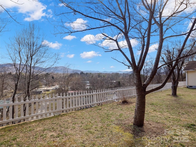 view of yard featuring fence private yard and a mountain view