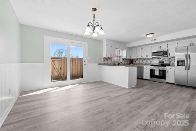 kitchen featuring a wainscoted wall, stainless steel appliances, visible vents, light wood-style flooring, and a peninsula