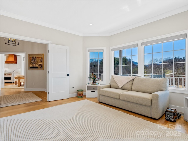 living room with baseboards, an inviting chandelier, light wood-style flooring, and ornamental molding