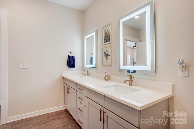 bathroom featuring double vanity, baseboards, a sink, and wood finished floors