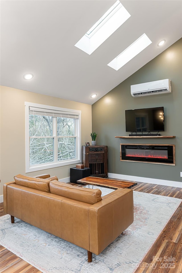 living room featuring recessed lighting, lofted ceiling, a wall unit AC, and wood finished floors