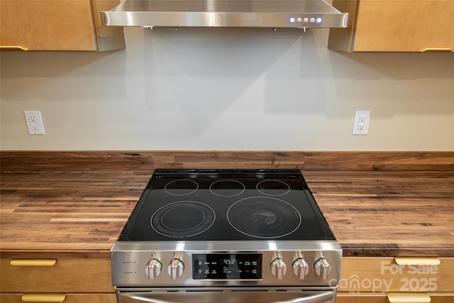 interior details featuring butcher block countertops, stainless steel range with electric stovetop, and wall chimney exhaust hood