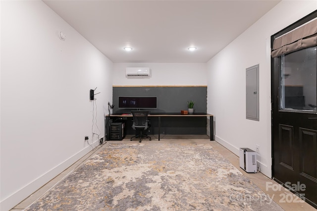 office with a wall unit AC, electric panel, recessed lighting, and baseboards