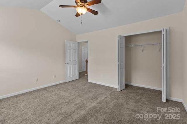 2592 Brackley Pl NW, Concord, NC 28027 - unfurnished bedroom featuring vaulted ceiling, carpet flooring, a closet, baseboards, and a ceiling fan