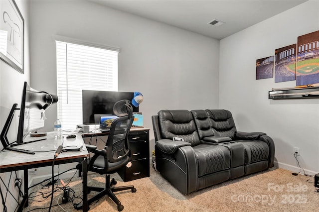 office with carpet, visible vents, and baseboards