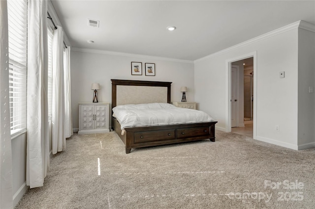 carpeted bedroom featuring ornamental molding, visible vents, and baseboards