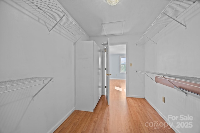 walk in closet with light wood-style floors and attic access