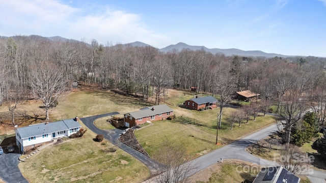 birds eye view of property with a mountain view, a view of trees, and a rural view