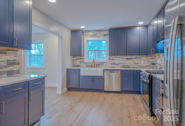 kitchen with plenty of natural light, stainless steel appliances, a sink, and light wood-style flooring