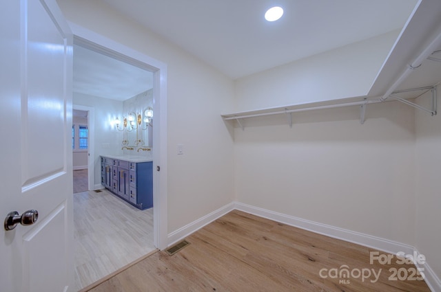 walk in closet with light wood-type flooring, visible vents, and a sink