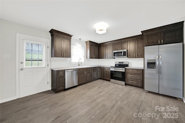 kitchen with a sink, light wood-style floors, dark brown cabinets, appliances with stainless steel finishes, and light countertops