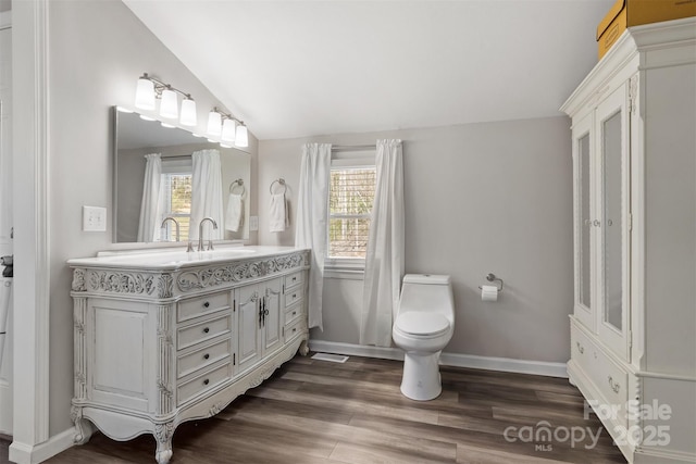 bathroom featuring lofted ceiling, plenty of natural light, baseboards, and wood finished floors