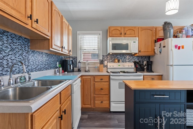 kitchen featuring white appliances, a sink, wood counters, decorative backsplash, and dark wood-style floors