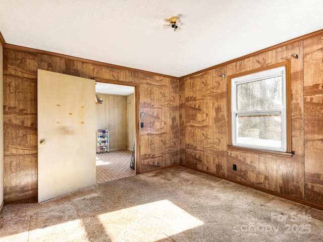 empty room featuring carpet floors, wooden walls, and crown molding