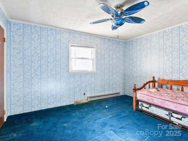 bedroom with wallpapered walls, carpet, a baseboard heating unit, and a textured ceiling