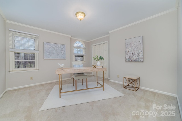 carpeted office with baseboards and crown molding