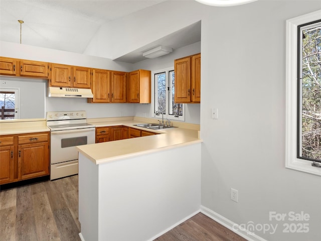 kitchen with white electric stove, a peninsula, light countertops, under cabinet range hood, and a sink