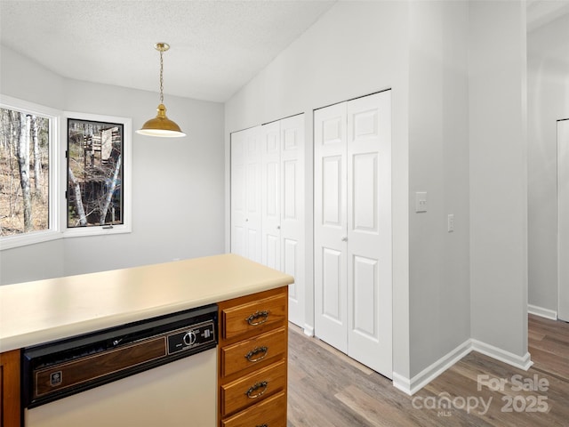 kitchen featuring light countertops, dishwasher, decorative light fixtures, and light wood finished floors