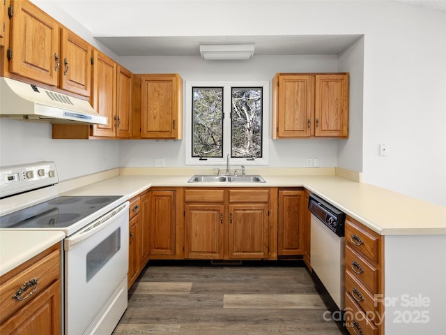 kitchen featuring under cabinet range hood, a peninsula, white appliances, a sink, and dark wood finished floors