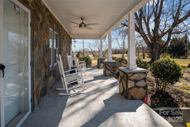 view of patio / terrace featuring covered porch and ceiling fan