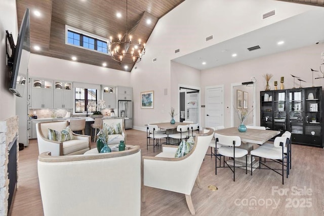 living area featuring light wood-style flooring, wood ceiling, high vaulted ceiling, and visible vents