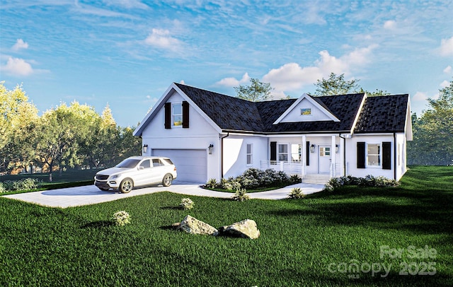 view of front facade featuring driveway, a front lawn, and stucco siding