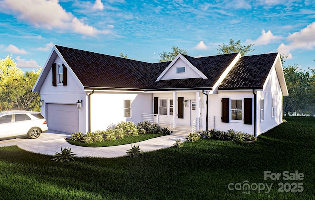 modern inspired farmhouse featuring driveway, stucco siding, and a front yard