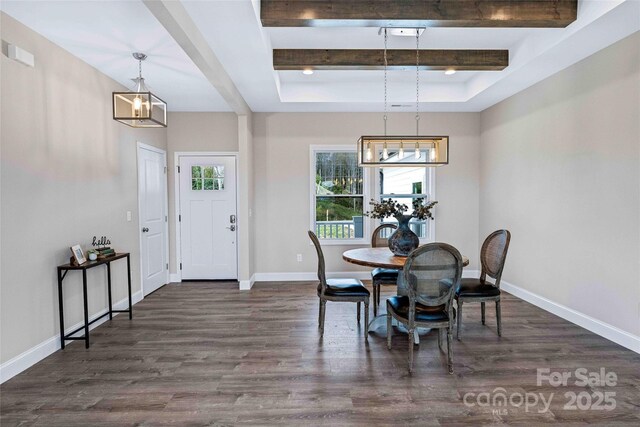 dining space featuring dark wood-style floors, baseboards, and beam ceiling