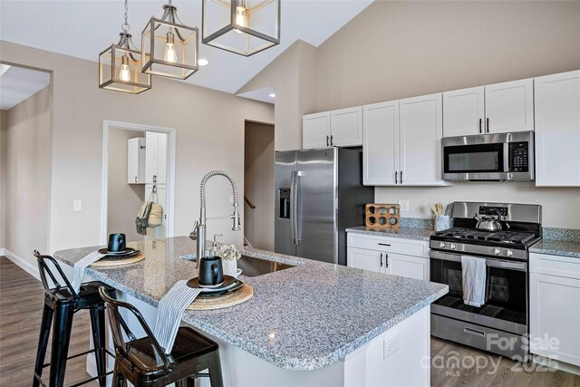 kitchen featuring dark wood finished floors, stainless steel appliances, white cabinets, a sink, and an island with sink