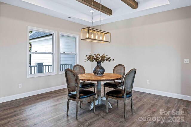 dining area with dark wood-style floors, visible vents, baseboards, and beam ceiling