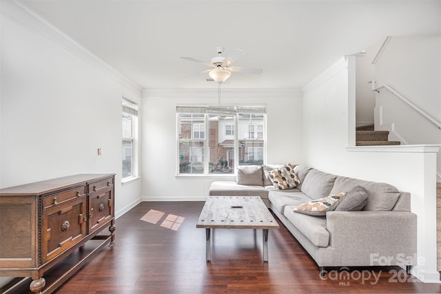 living room featuring baseboards, ceiling fan, stairs, dark wood-type flooring, and ornamental molding