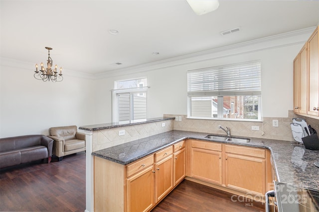 kitchen with a sink, visible vents, a peninsula, and dark wood finished floors