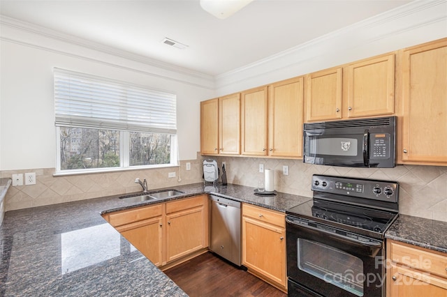 kitchen featuring a sink, visible vents, black appliances, and light brown cabinetry