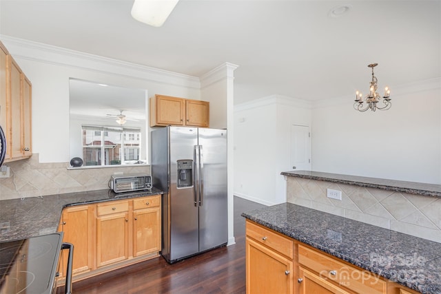 kitchen featuring stainless steel refrigerator with ice dispenser, ceiling fan with notable chandelier, dark wood-style floors, black range with electric cooktop, and crown molding