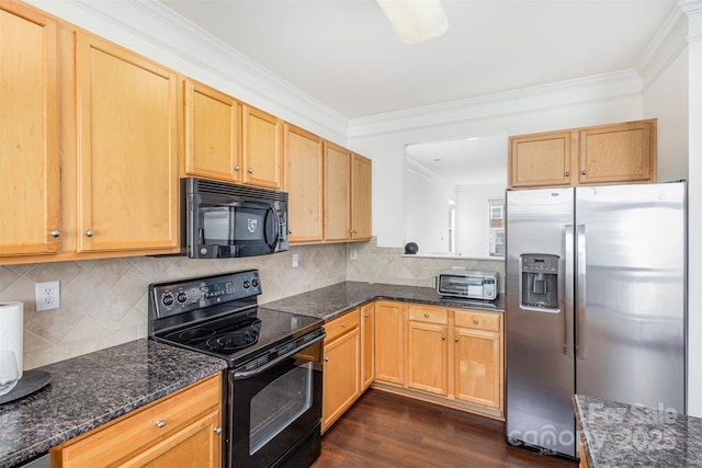 kitchen with black appliances, dark wood-style floors, crown molding, and backsplash