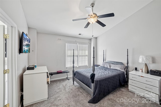 bedroom featuring light carpet, baseboards, visible vents, and ceiling fan