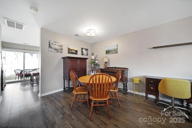 dining room with visible vents, baseboards, and dark wood-style flooring