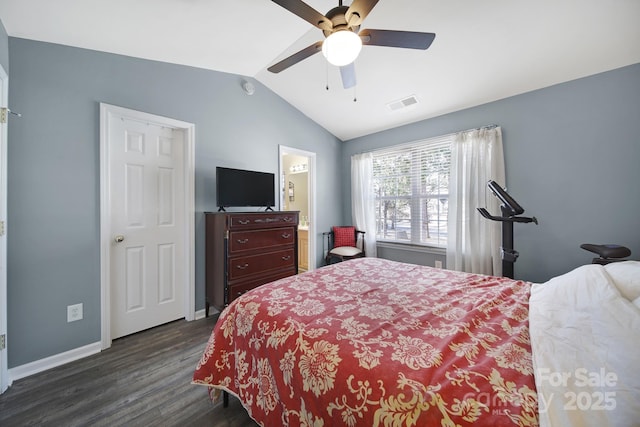 bedroom with visible vents, dark wood-type flooring, baseboards, ceiling fan, and vaulted ceiling