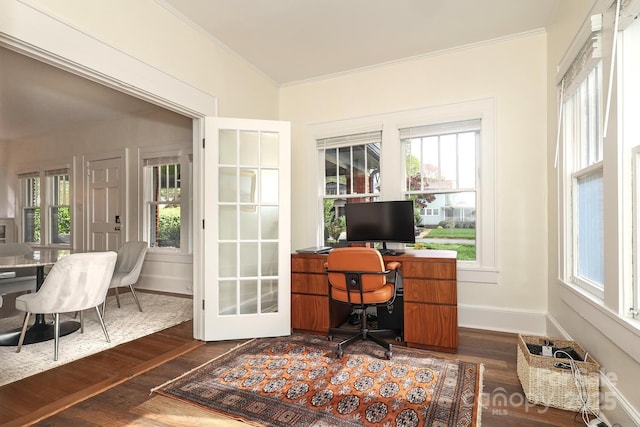 office area with baseboards, ornamental molding, and dark wood-type flooring