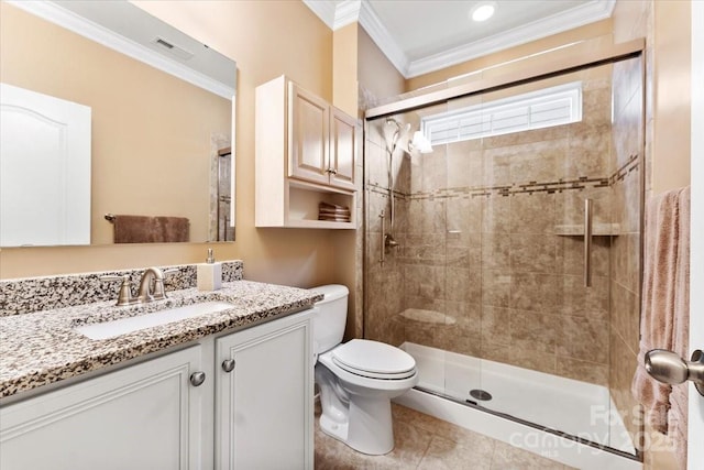 full bath with toilet, visible vents, vanity, a stall shower, and crown molding