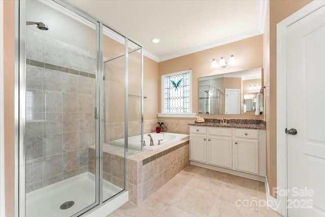 bathroom featuring a garden tub, ornamental molding, a stall shower, vanity, and tile patterned flooring