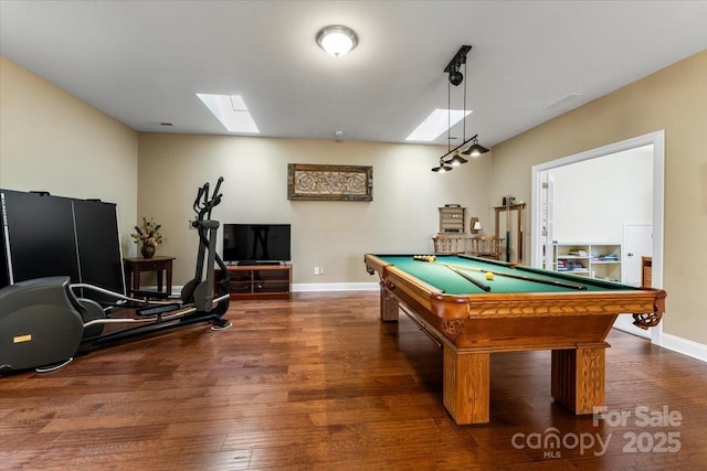 rec room with a skylight, baseboards, wood finished floors, and pool table