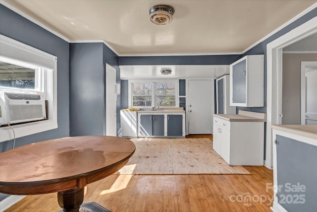 unfurnished dining area with ornamental molding, light wood finished floors, a sink, and cooling unit