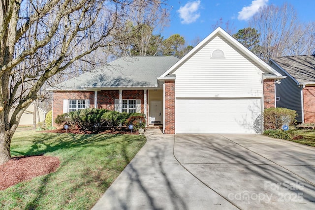 single story home featuring driveway, a shingled roof, a front lawn, and brick siding