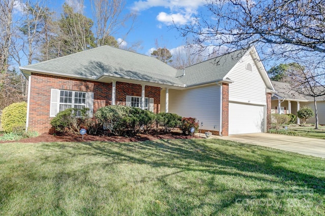 single story home with brick siding, a front lawn, concrete driveway, roof with shingles, and a garage