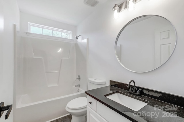 full bathroom featuring visible vents, shower / bathing tub combination, vanity, and toilet