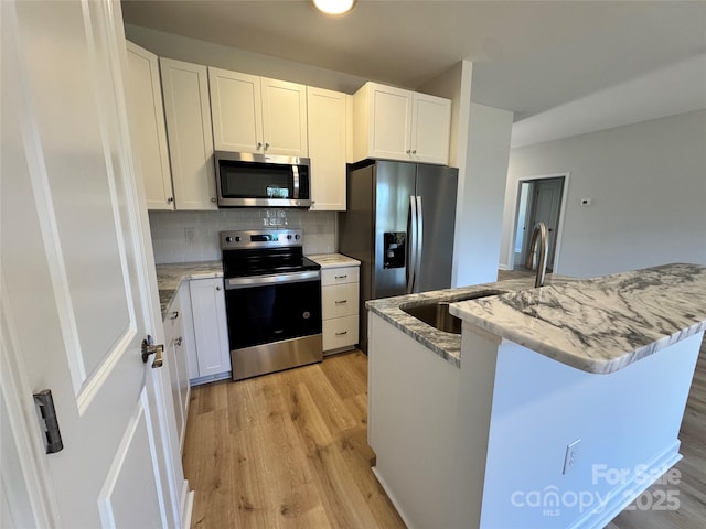 kitchen with white cabinets, a sink, stainless steel appliances, light wood-type flooring, and backsplash