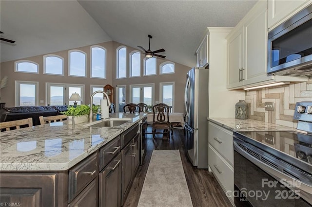 kitchen featuring white cabinets, a ceiling fan, light stone counters, stainless steel appliances, and a sink